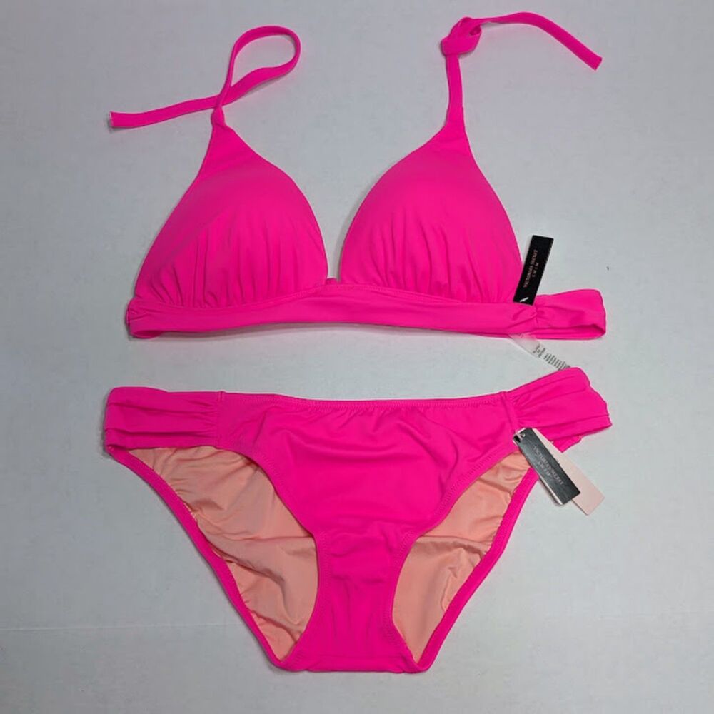 Victoria's Secret Swim Pink Havana Push-Up Halter & Hipster Bikini Bottom XL NWT